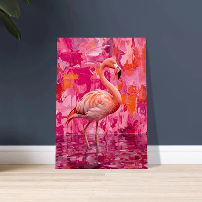 Flamingo i drömskt rosa vattenlandskap, abstrakt konstnärlig stil