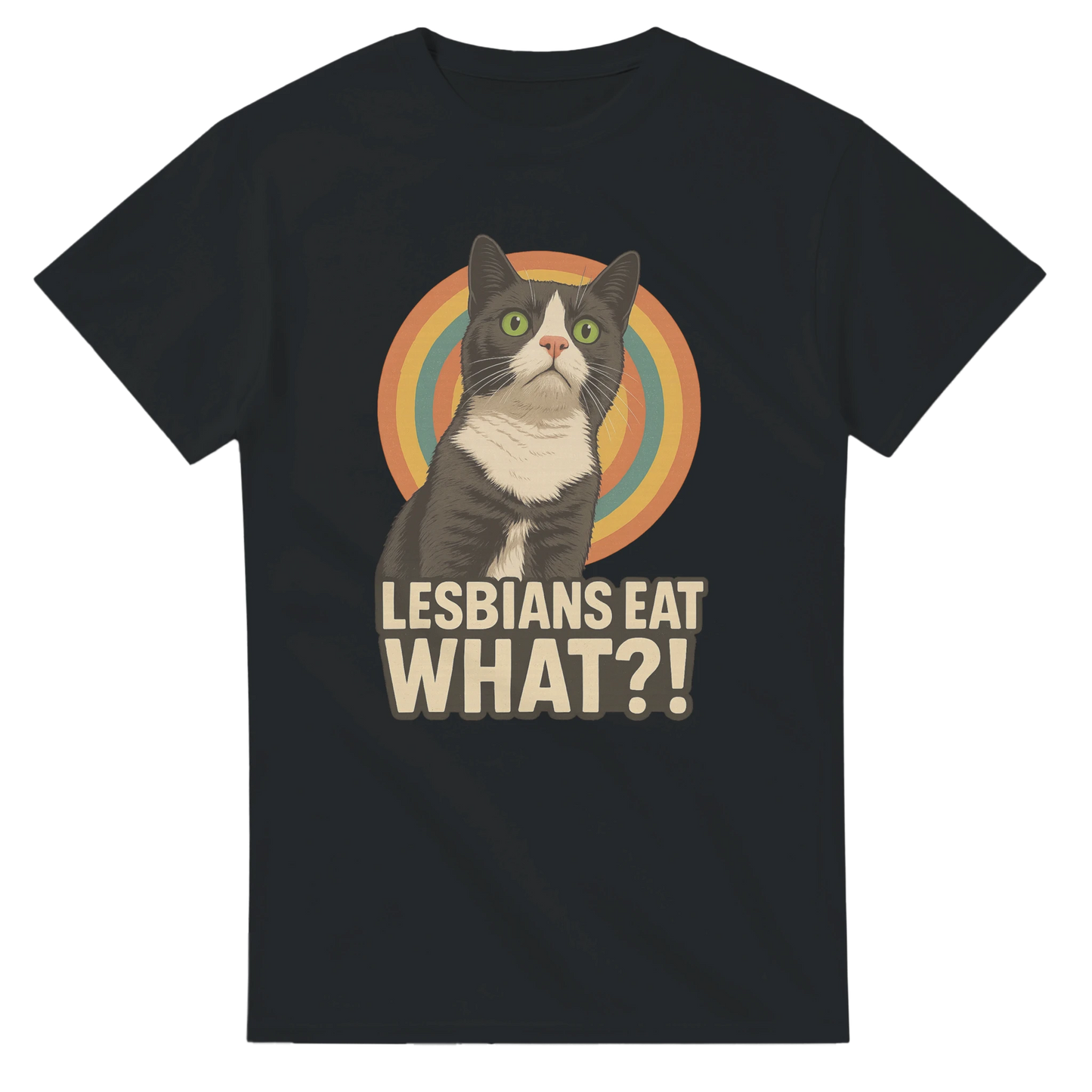 Svart t-shirt med humoristiskt kattryck och vintage grafisk illustration