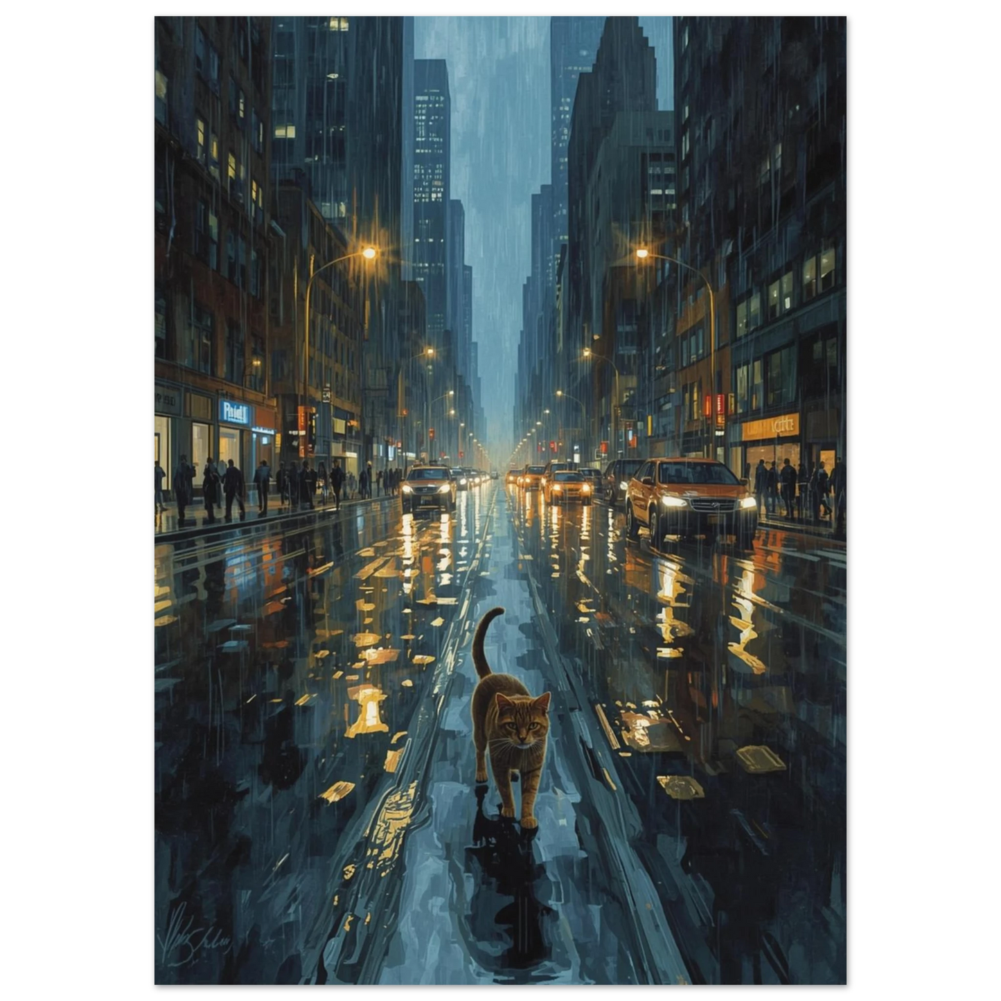 Stämningsfull kattposter i stadsmiljö med neongula reflektioner i asfalten
