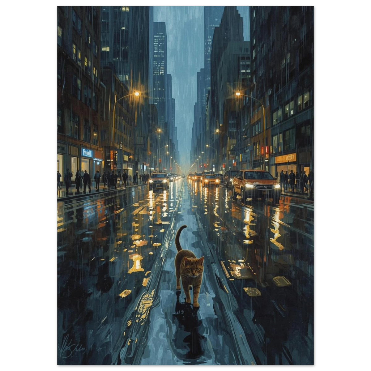 Stämningsfull kattposter i stadsmiljö med neongula reflektioner i asfalten