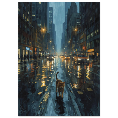 Stämningsfull kattposter i stadsmiljö med neongula reflektioner i asfalten