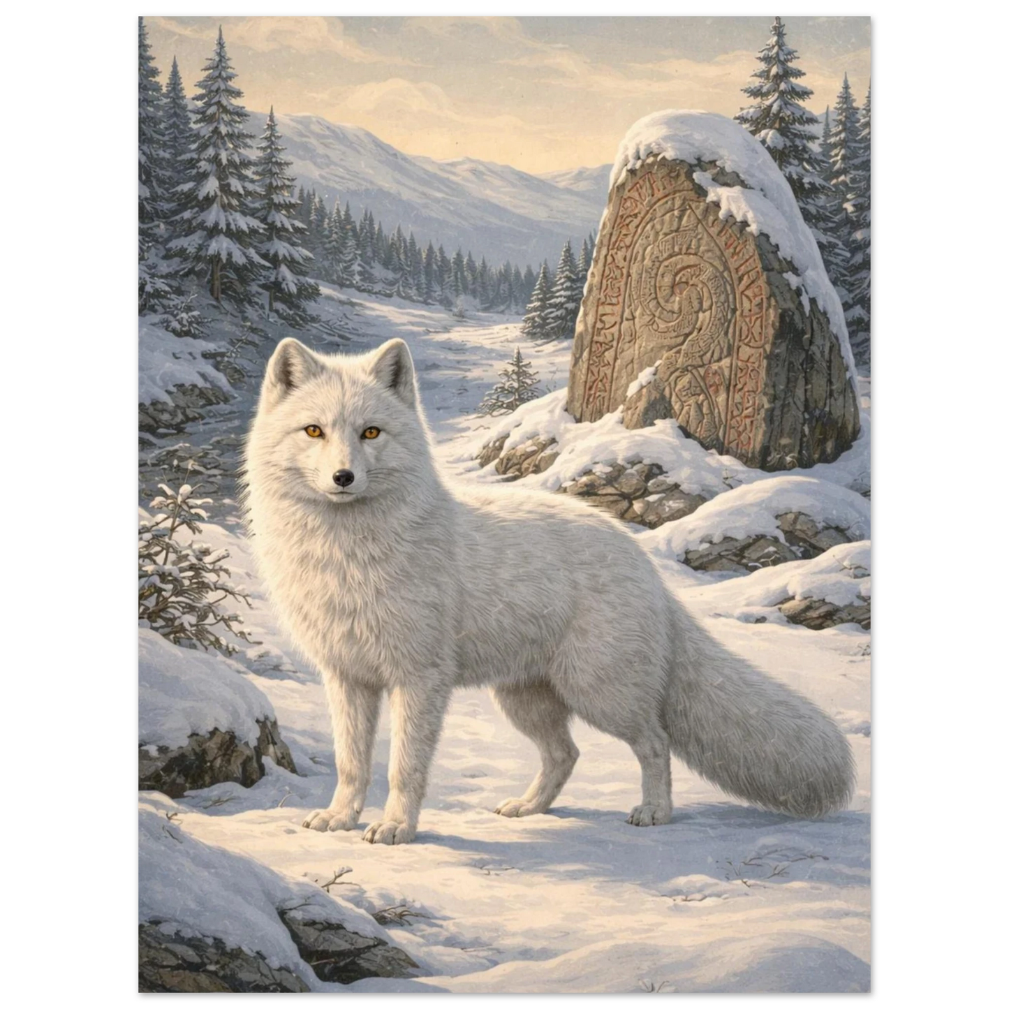 Fjällräv med runsten i detalj, där snö och granar syns – Målad poster
