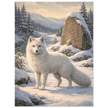 Fjällräv med runsten i detalj, där snö och granar syns – Målad poster