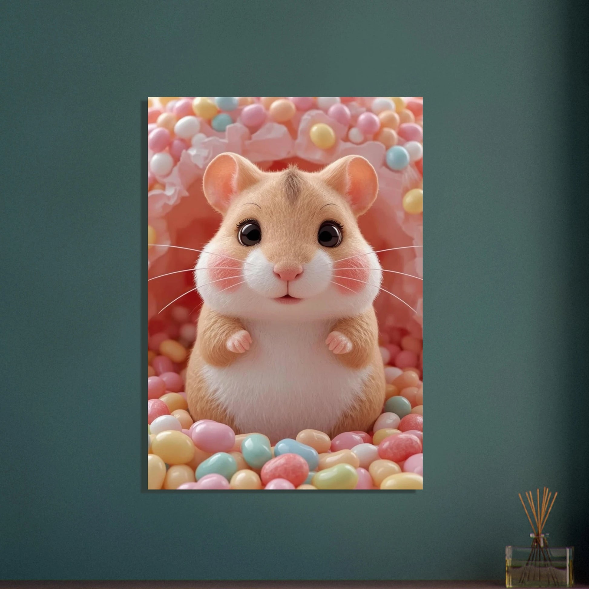 Söt hamster med stora ögon bland färgglada godisbitar