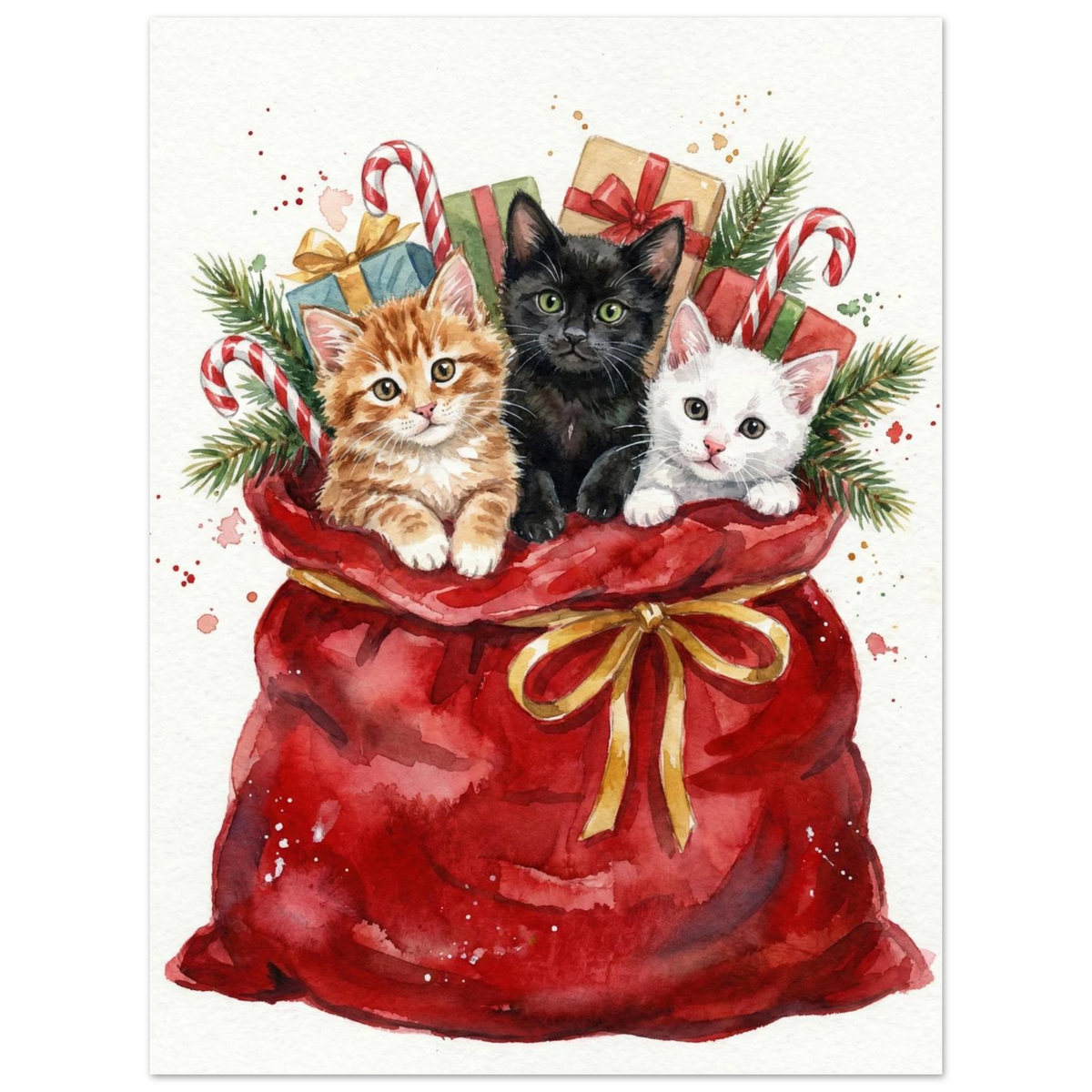 Kattungar som julklappar i en stor röd säck – konstnärligt djurtryck för jul