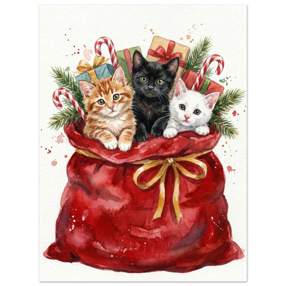 Kattungar som julklappar i en stor röd säck – konstnärligt djurtryck för jul
