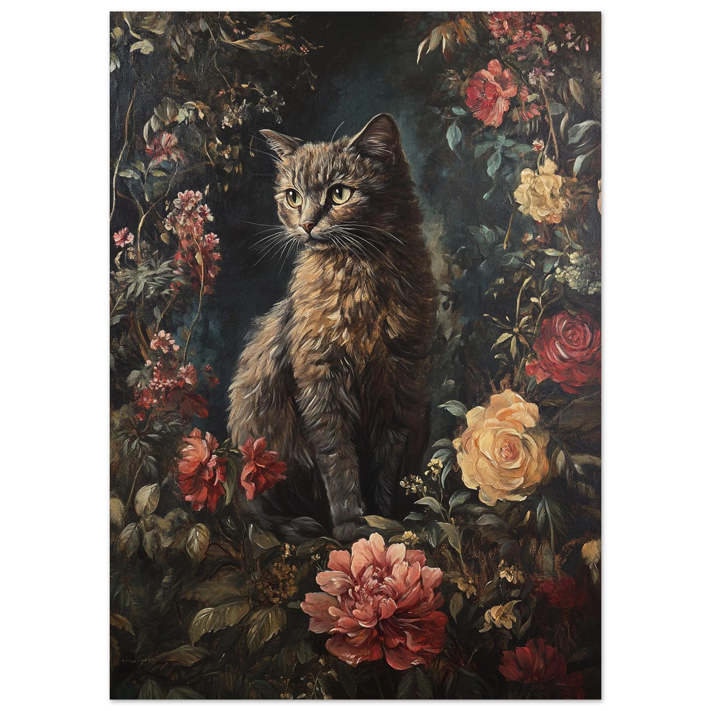 Detaljerad kattposter med blomsterarrangemang i mörk barockstil