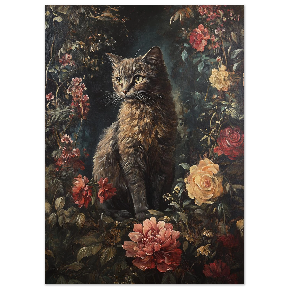 Detaljerad kattposter med blomsterarrangemang i mörk barockstil