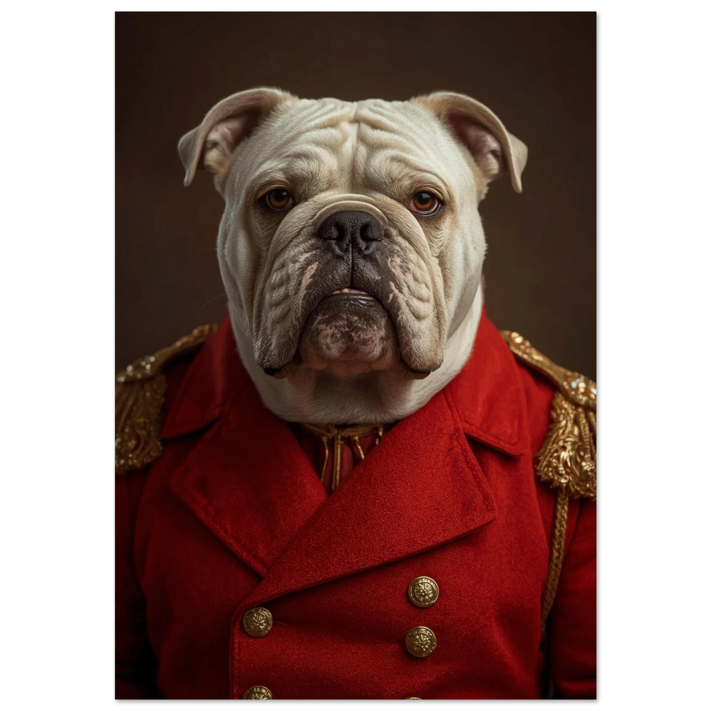 Vit engelsk bulldogg i röd generaluniform med guldiga detaljer