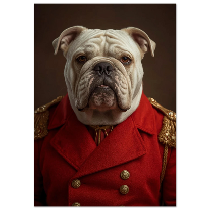 Vit engelsk bulldogg i röd generaluniform med guldiga detaljer