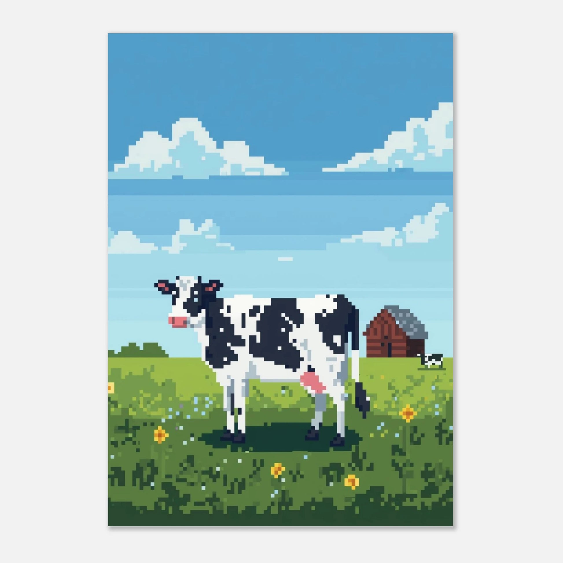 Grönskande hage med betande ko i pixlad grafik – naturposter