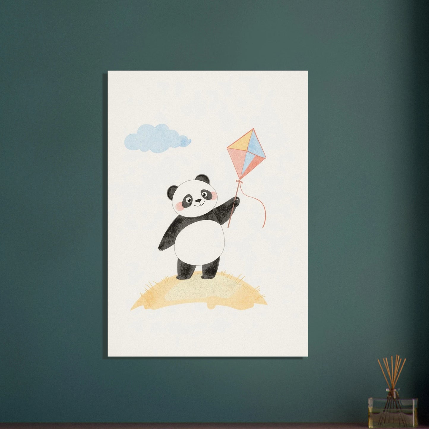 Lekfull panda med färgglad drake i pastellfärger, mjuk illustration