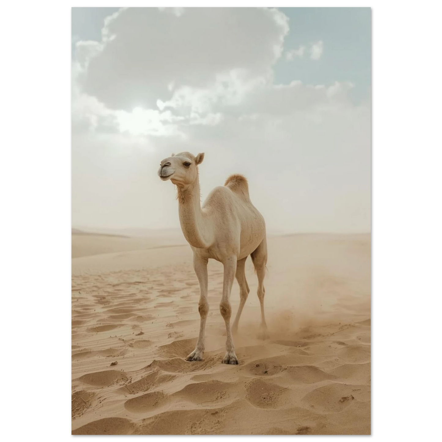 Vit kamel i en vidsträckt sandöken under disig himmel – fotoposter