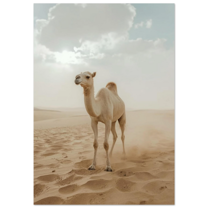 Vit kamel i en vidsträckt sandöken under disig himmel – fotoposter