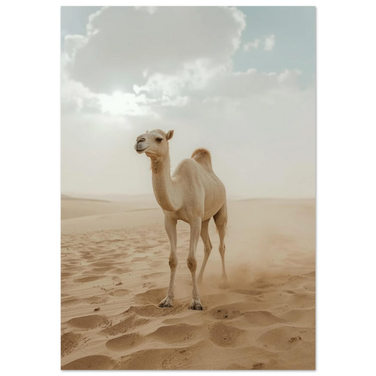 Vit kamel i en vidsträckt sandöken under disig himmel – fotoposter
