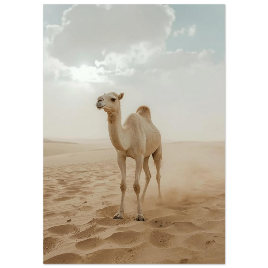 Vit kamel i en vidsträckt sandöken under disig himmel – fotoposter