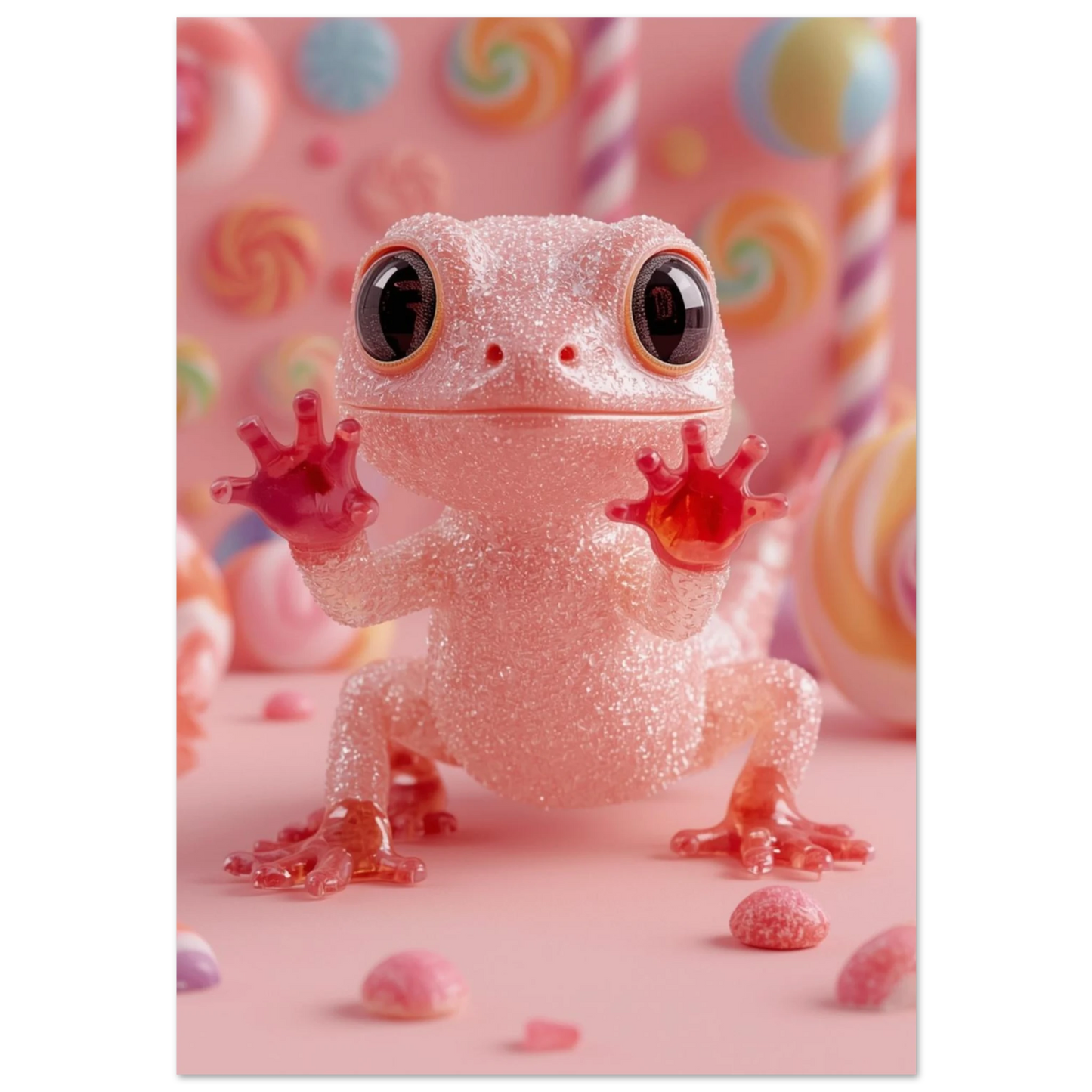 Glittrande rosa geckoformad godisfigur framför virvlande klubbor i pastellfärg