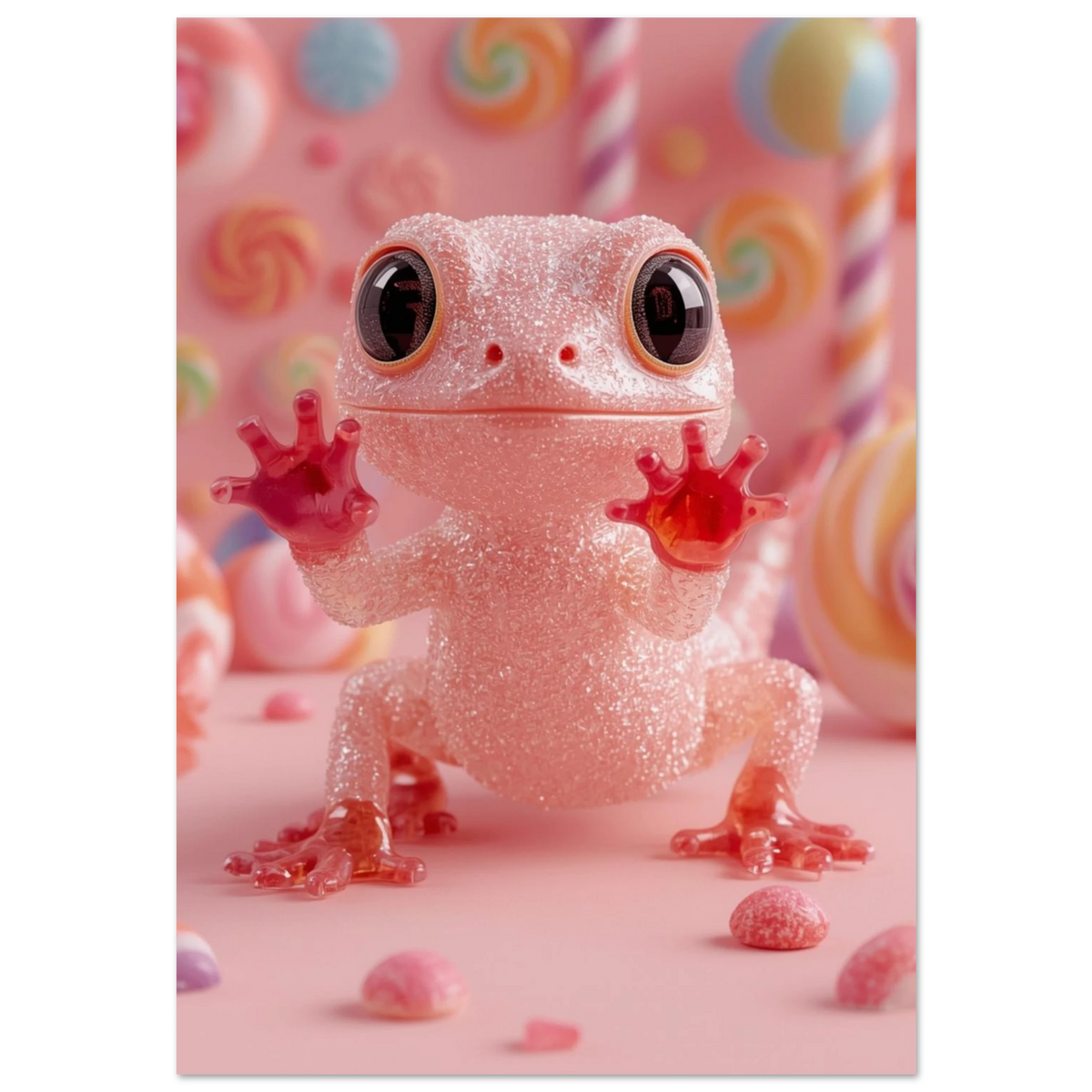 Glittrande rosa geckoformad godisfigur framför virvlande klubbor i pastellfärg