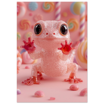 Glittrande rosa geckoformad godisfigur framför virvlande klubbor i pastellfärg