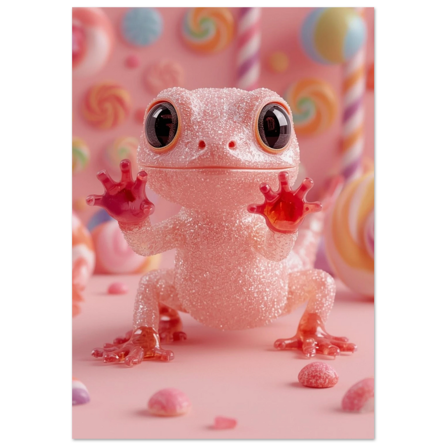 Glittrande rosa geckoformad godisfigur framför virvlande klubbor i pastellfärg