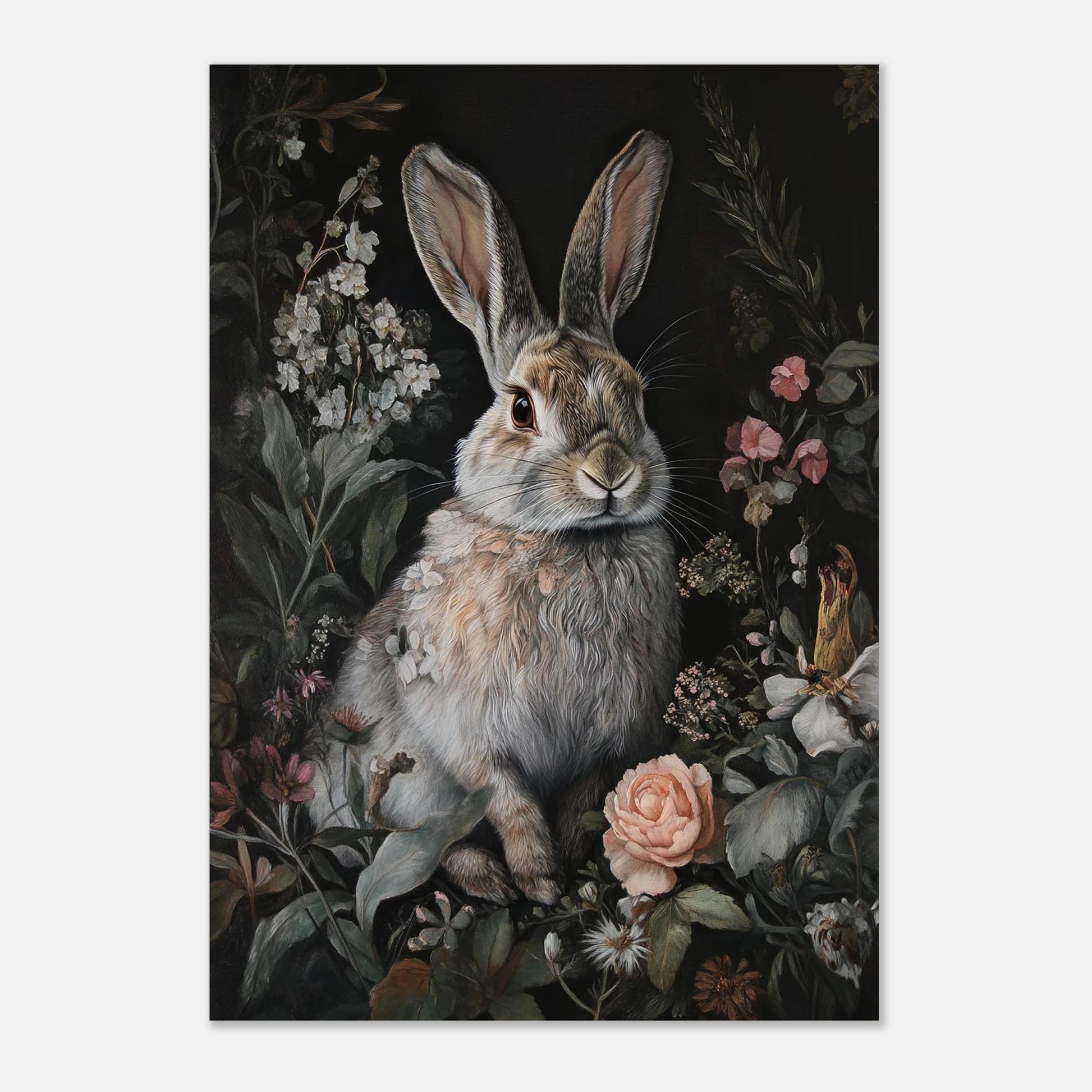Elegant print med kaninmotiv i jordnära toner för en tidlös väggkonst