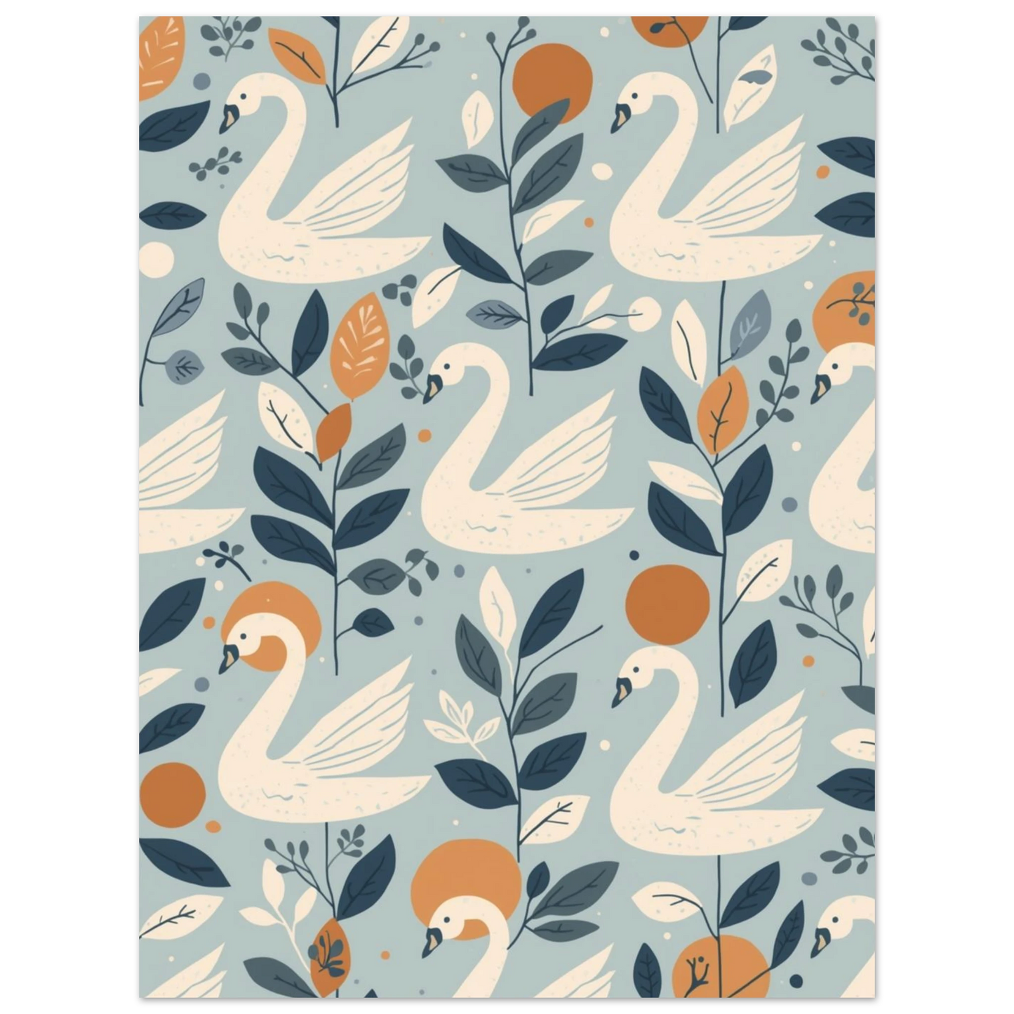 Djurposter med svanar och botaniska detaljer i krämvitt och orange