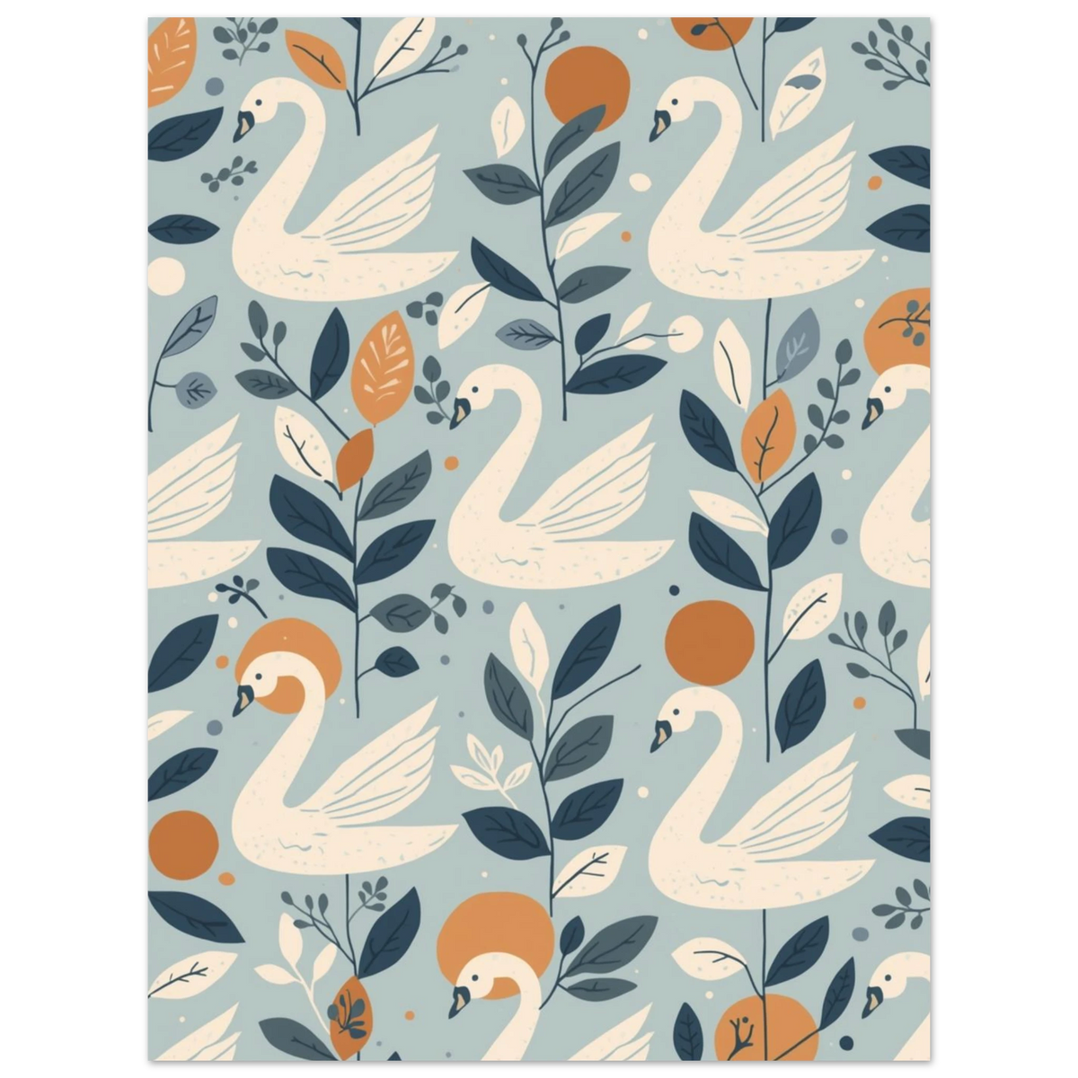 Djurposter med svanar och botaniska detaljer i krämvitt och orange