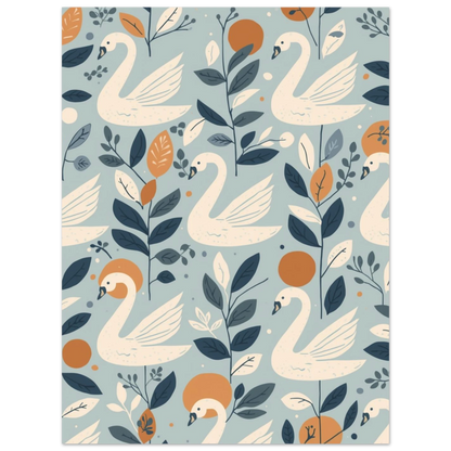 Djurposter med svanar och botaniska detaljer i krämvitt och orange