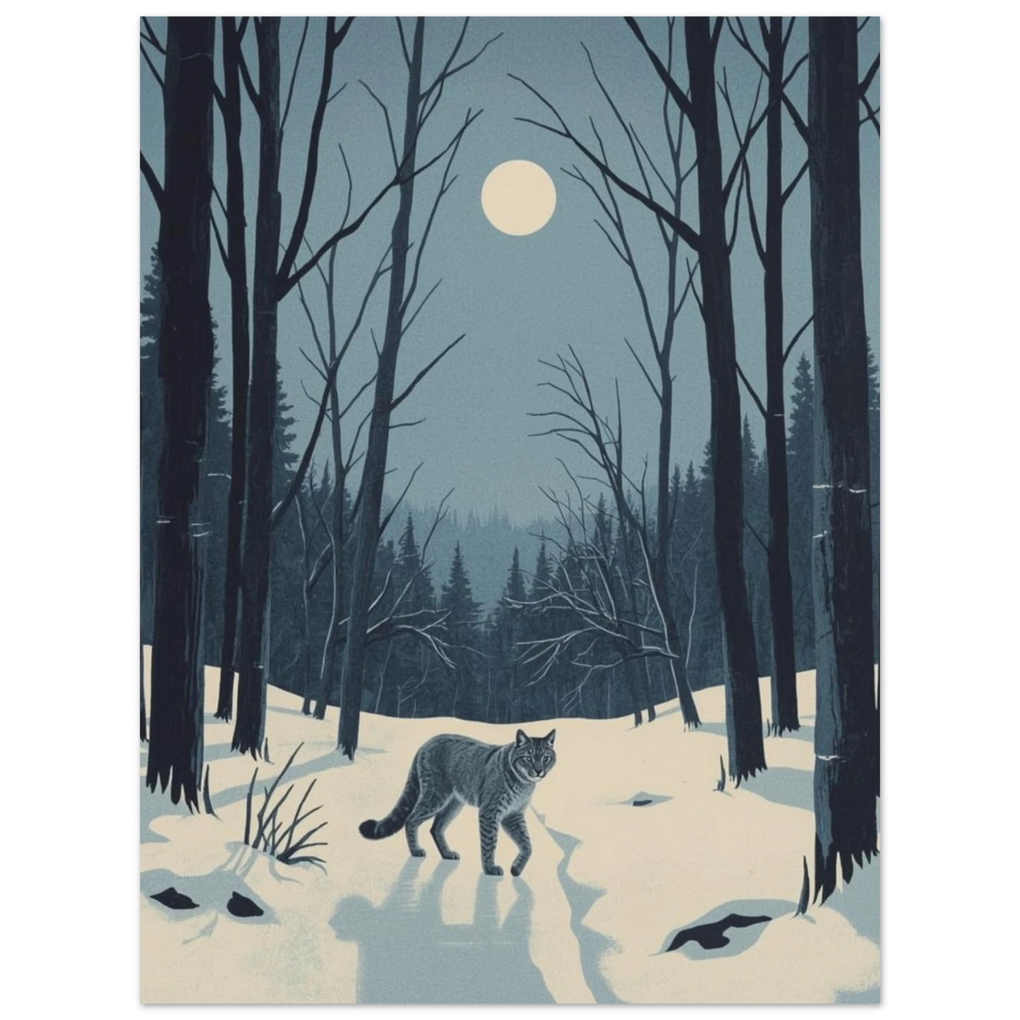 Skandinavisk naturposter med lodjur och snötyngda träd i natten