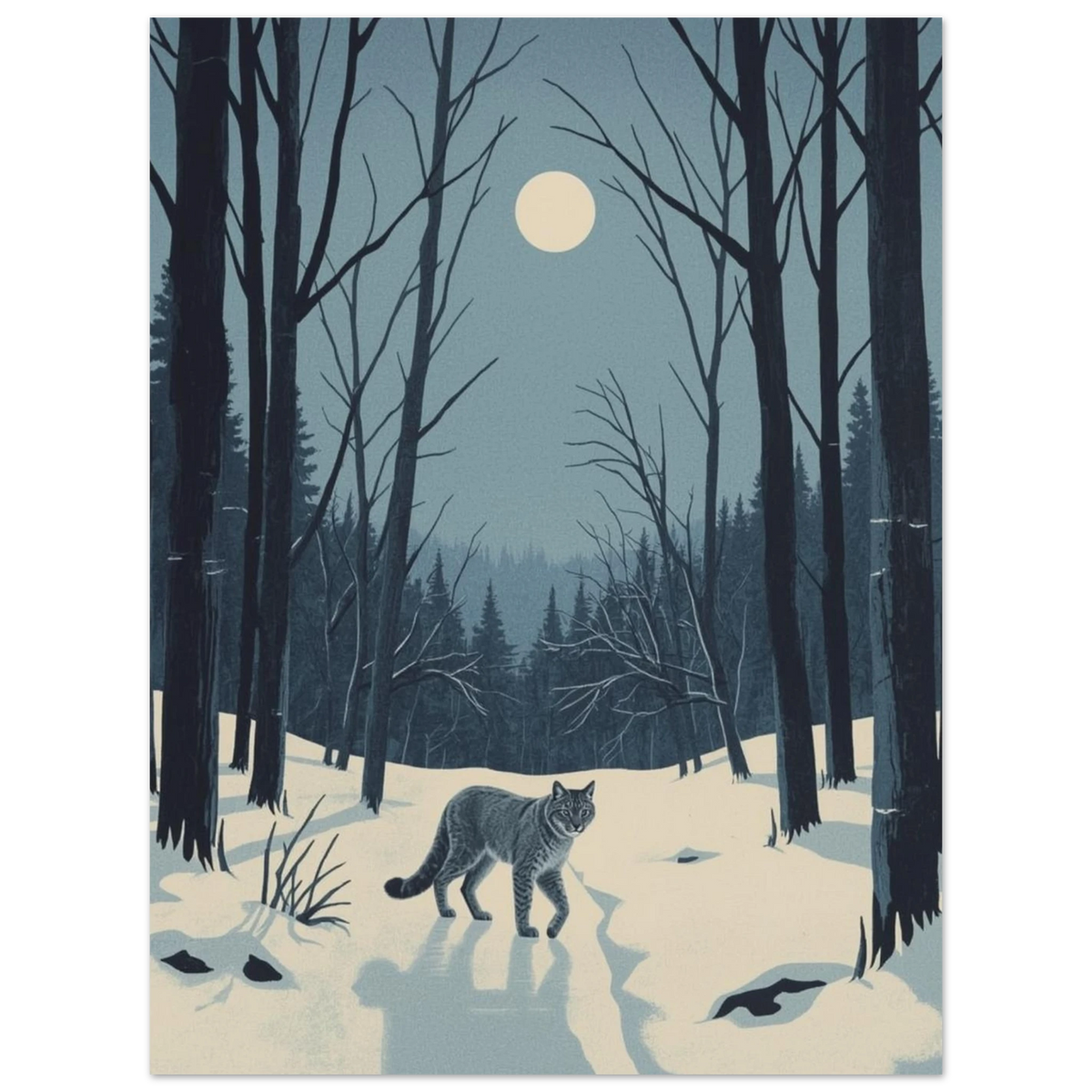 Skandinavisk naturposter med lodjur och snötyngda träd i natten