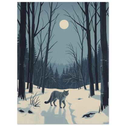Skandinavisk naturposter med lodjur och snötyngda träd i natten