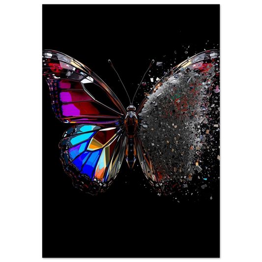 Fjäril med vingar av färgat glas och digitala pixlar mot svart bakgrund – Fotorealistisk poster