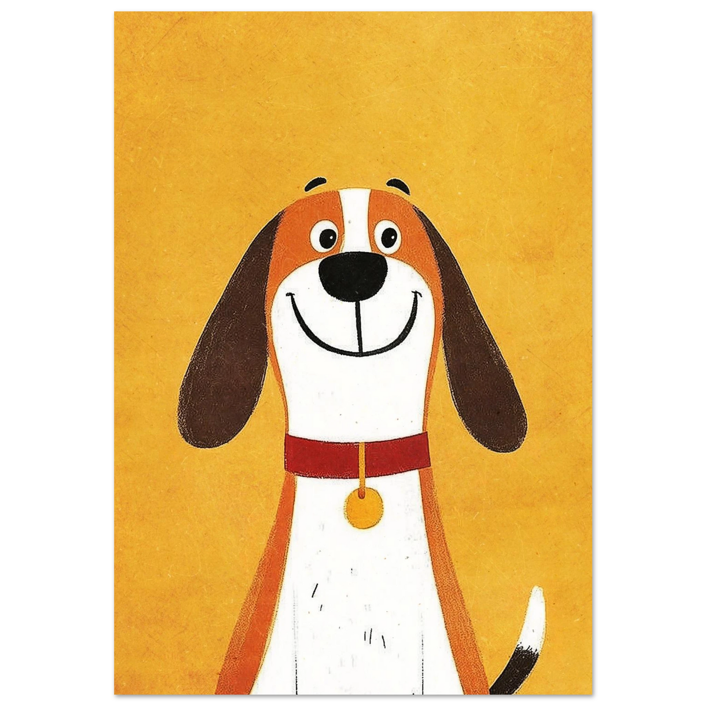Glad hund med rött halsband mot gul bakgrund – lekfull barnposter