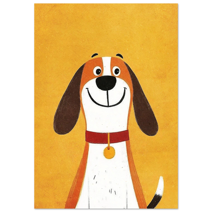 Glad hund med rött halsband mot gul bakgrund – lekfull barnposter