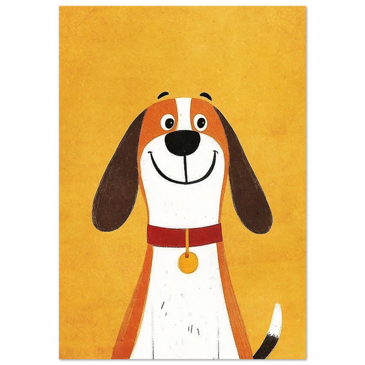 Glad hund med rött halsband mot gul bakgrund – lekfull barnposter