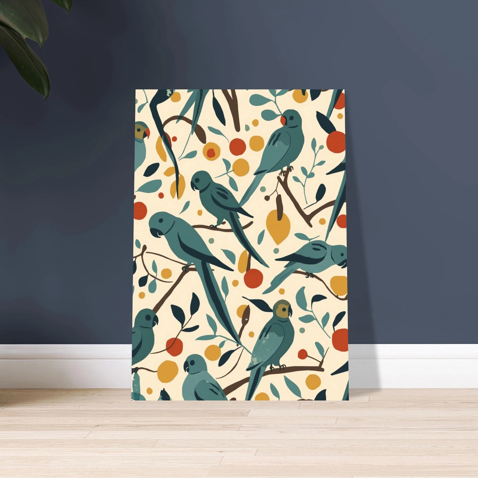 Papegojor i skandinavisk midcentury-stil, lekfullt mönster med fåglar och blad.