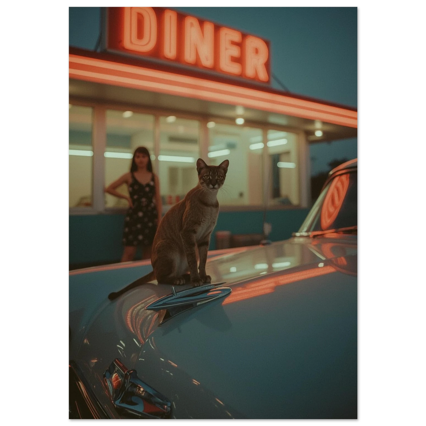 Katt sittandes på motorhuven av en klassisk bil vid en diner i neonljus