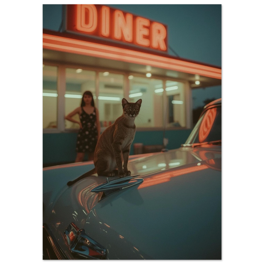 Katt sittandes på motorhuven av en klassisk bil vid en diner i neonljus