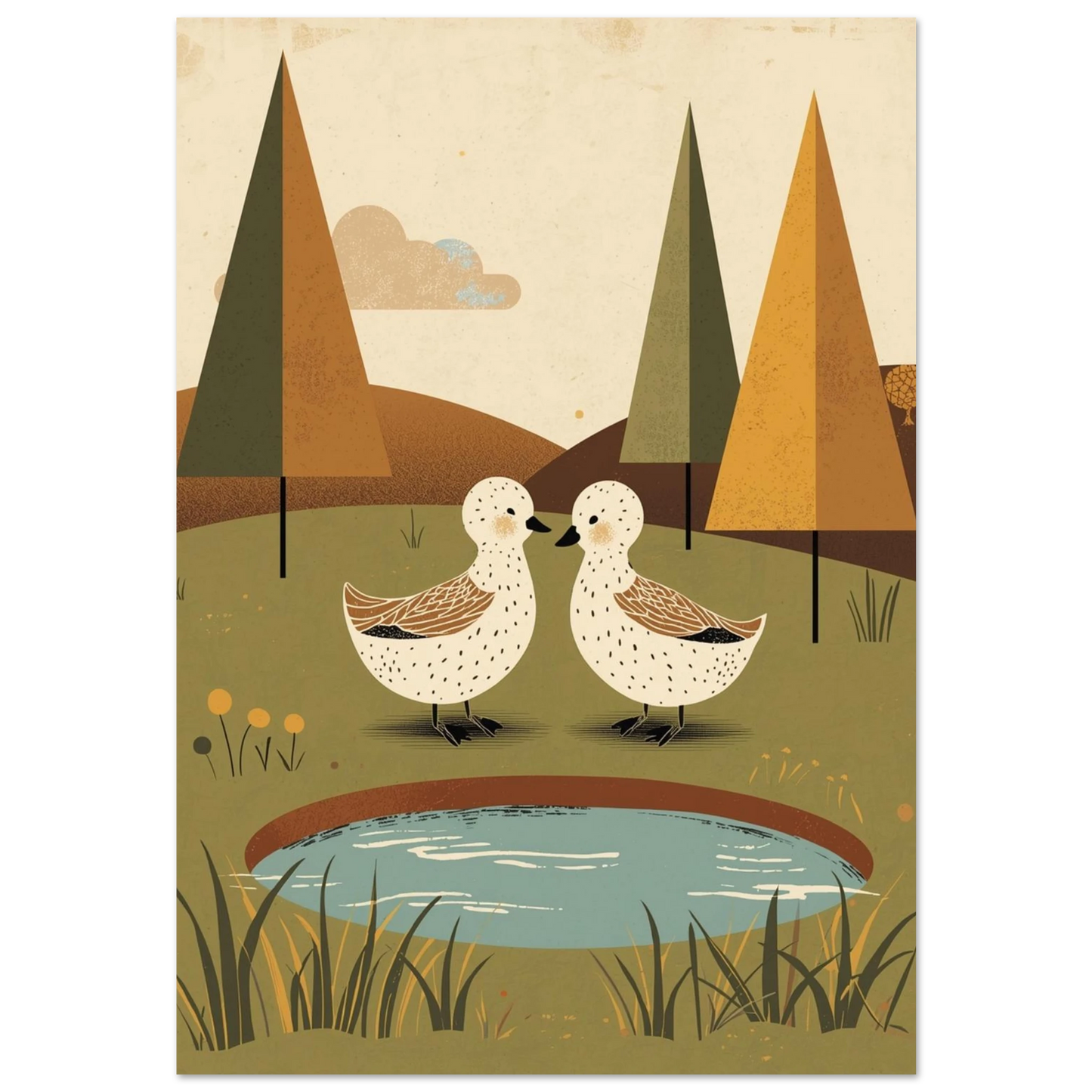 Två vita ankor vid en blå damm, vintage grafisk illustration