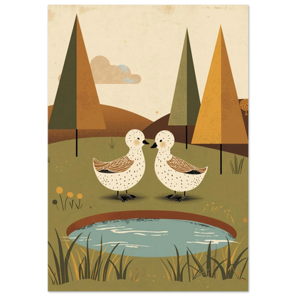 Två vita ankor vid en blå damm, vintage grafisk illustration