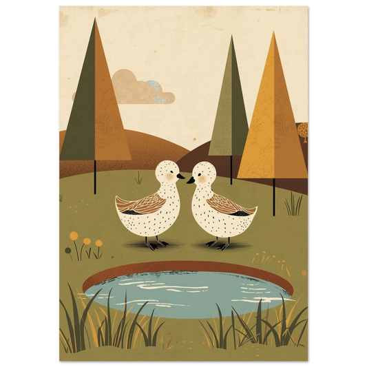 Två vita ankor vid en blå damm, vintage grafisk illustration