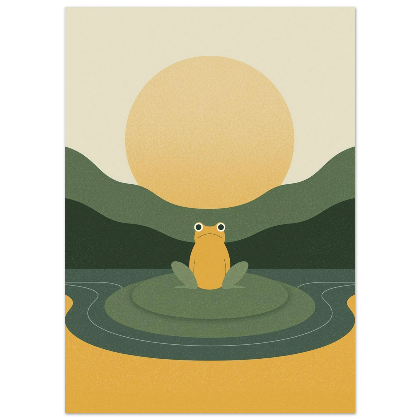 Minimalistisk illustration av en groda vid en damm i retrostil