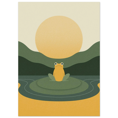 Minimalistisk illustration av en groda vid en damm i retrostil