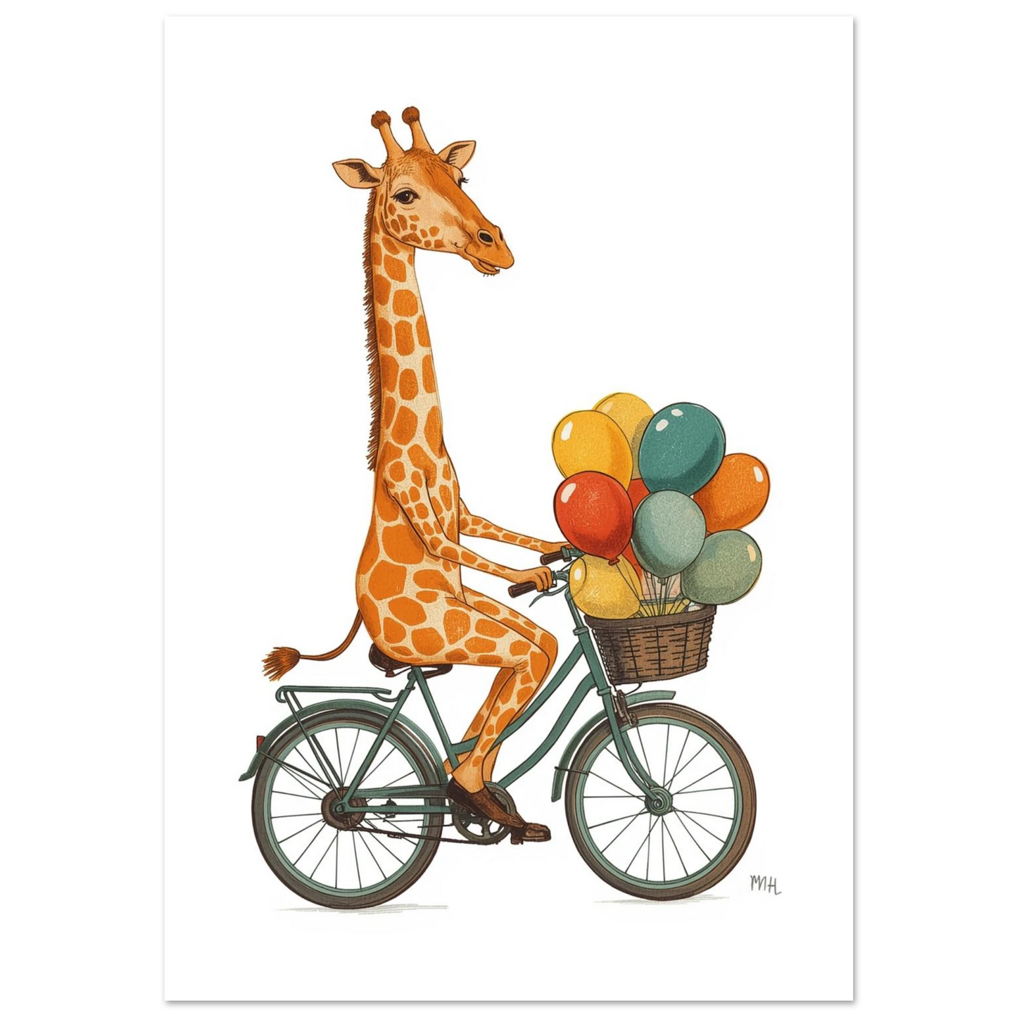 Lekfull giraff på grön cykel med färgglada ballonger, vit bakgrund