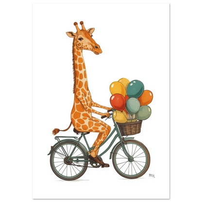 Lekfull giraff på grön cykel med färgglada ballonger, vit bakgrund