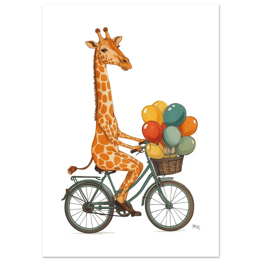 Lekfull giraff på grön cykel med färgglada ballonger, vit bakgrund