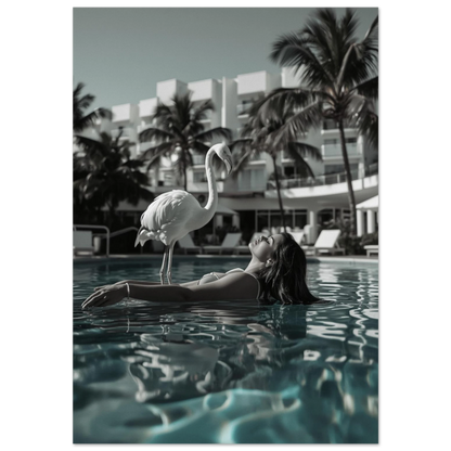 Vit flamingo vid turkos pool med kvinna, svartvit bakgrund – djurposter