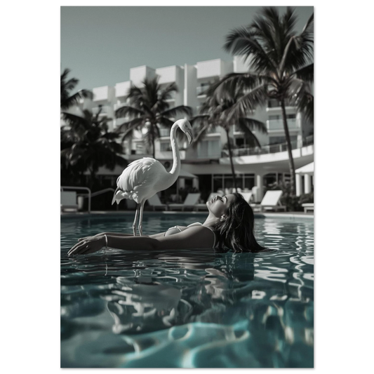 Vit flamingo vid turkos pool med kvinna, svartvit bakgrund – djurposter