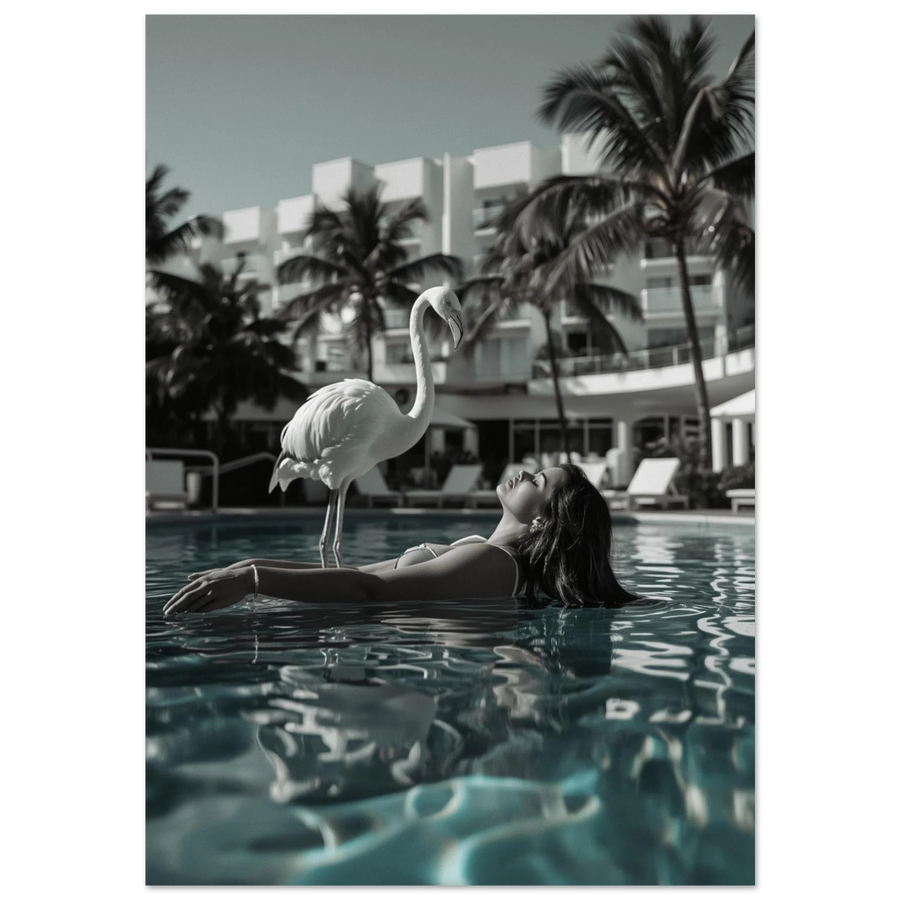 Vit flamingo vid turkos pool med kvinna, svartvit bakgrund – djurposter