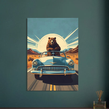 Björn i retrobil på öppen väg, vintage reseposter illustration